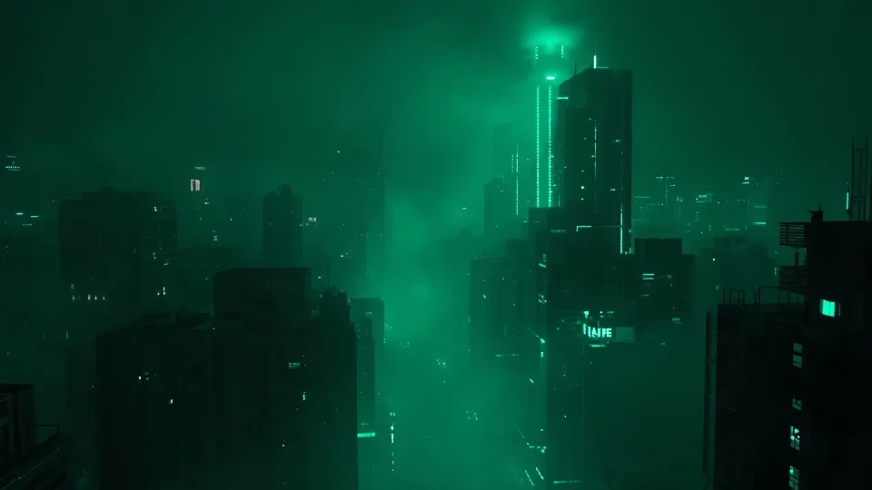 Dense futuristic cityscape with green neon lighting